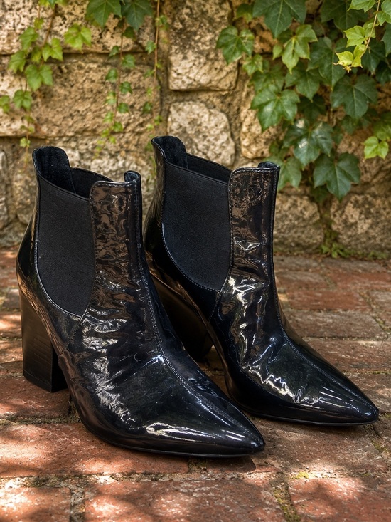Pour La Victoire Shoes - POUR LA VICTOIRE Charcoal Patent Leather Minimalist Luxury Ankle Boots, 7.5